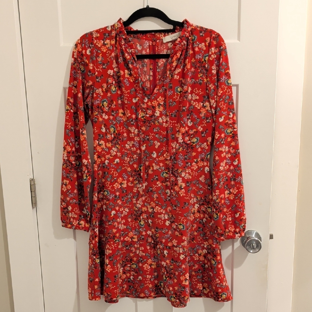 LOFT Red Floral Long Sleeve Dress